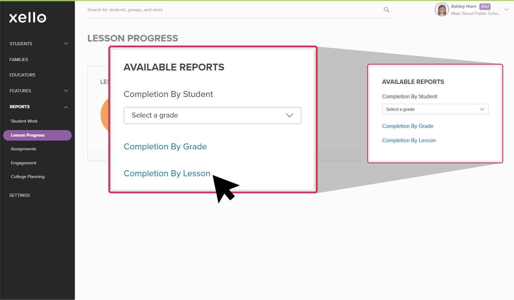 Lesson Progress page open in Xello. Cursor is hovering over Completion by Lesson link